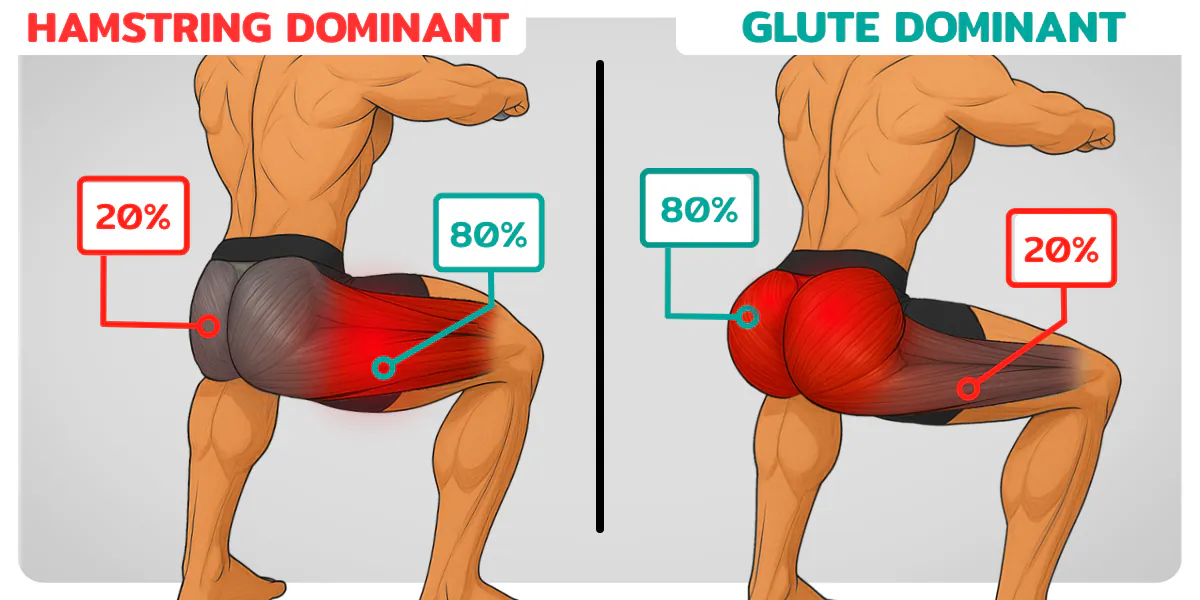 Anatomical illustration comparing hamstring and glute emphasis in a squat.