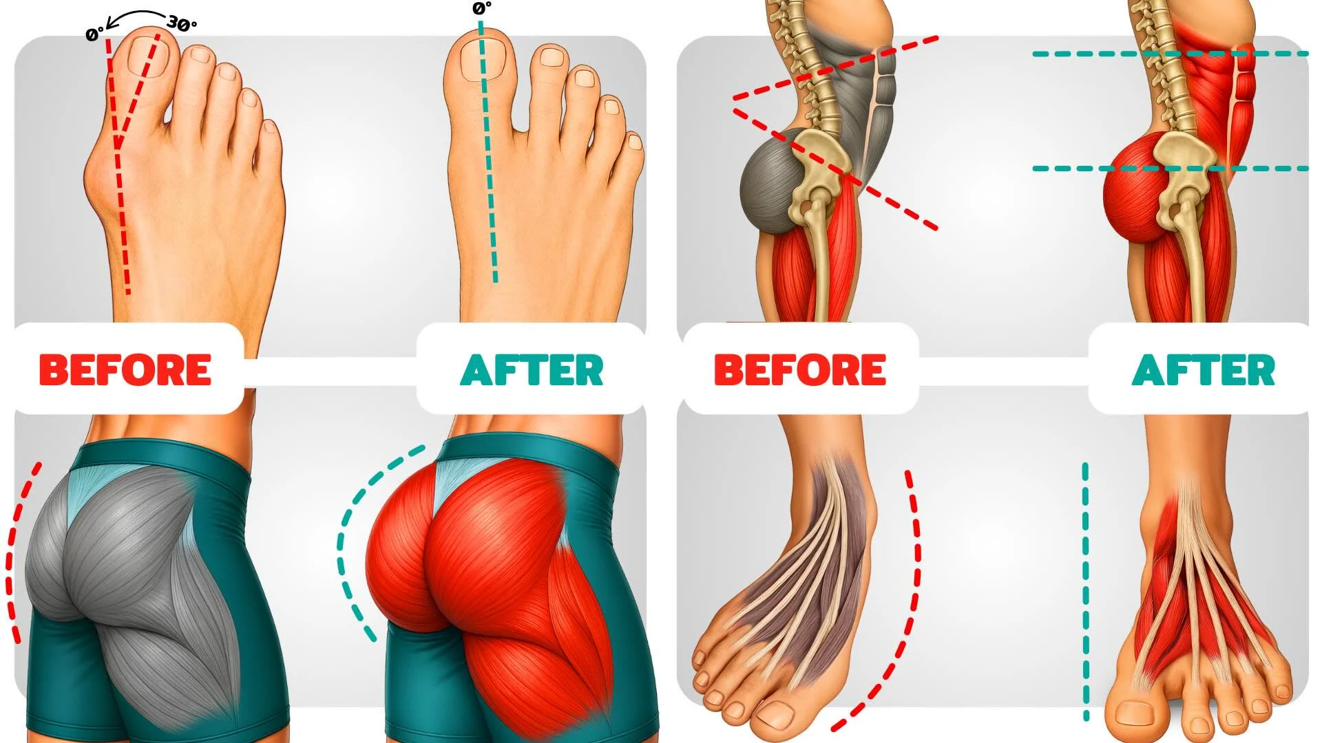 Before and after illustrations showing foot alignment, glute strength, pelvic posture, and ankle control