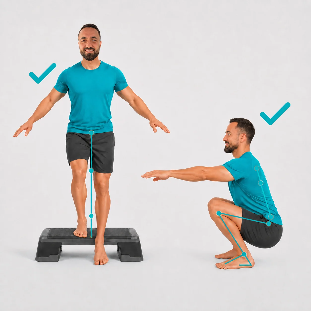 Improved step-down and deep squat with two teal checkmarks and the original joint-alignment guides