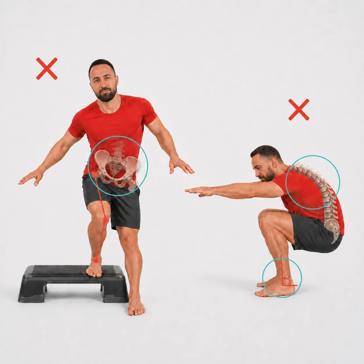 Functional movement screen with two red crosses, showing pelvic position, a rounded spine, knee collapse, and restricted ankle motion