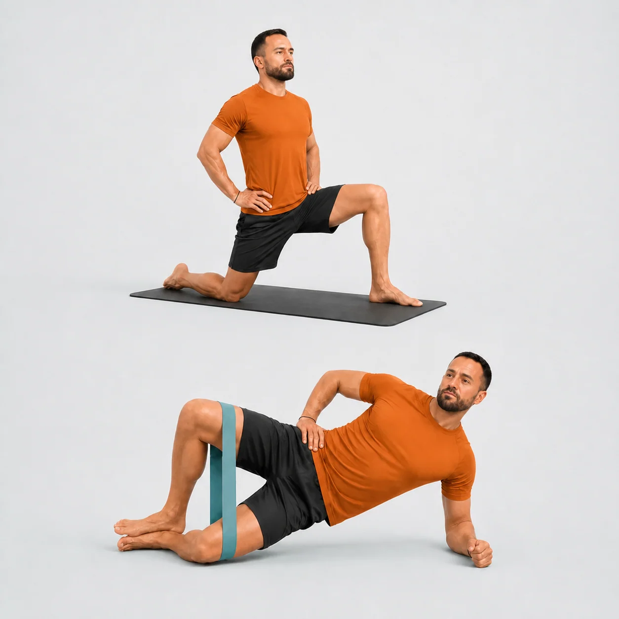 Christopher demonstrating a kneeling hip stretch and a side-plank clamshell with a resistance band