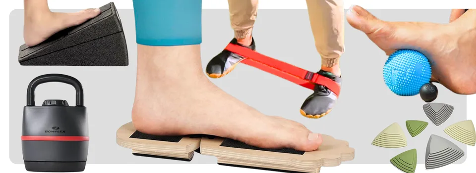 Barefoot training tools including a balance board, resistance band, kettlebell, wedges, and massage balls